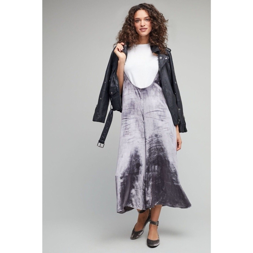 Anthropologie Maeve Crushed Velvet Cropped Wide-Leg Jumpsuit Silver Lilac Size M